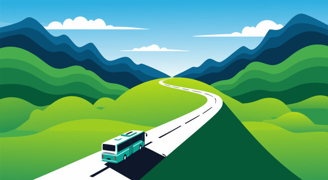 A scenic road winding through rolling green hills and mountains in a vibrant vector illustration