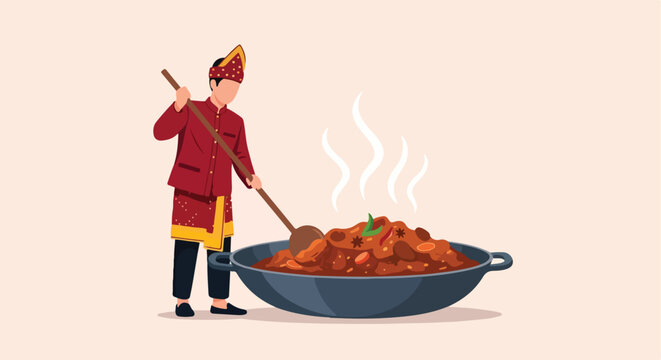 Person in traditional attire stirs a large pot of steaming food, with spices visible