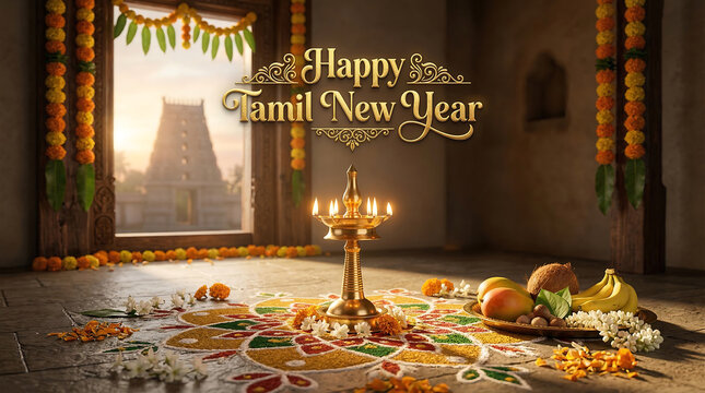 Happy tamil new year celebration with traditional decorations fruits and diyas in a temple room
