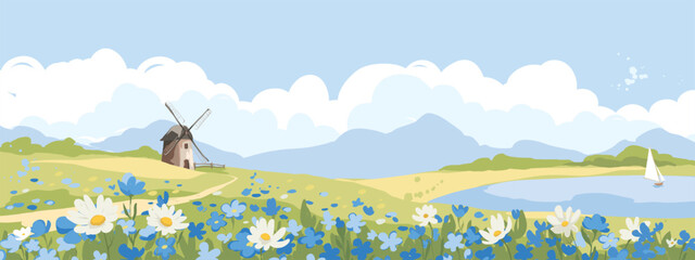 Obraz premium Abstract summer landscape -- farm fields. Set vector illustrations, rural view -- fields and meadows, old mill and blue flowers. Hand drawn author's drawing.