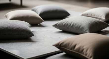 Obraz premium A collection of soft textile cushions arranged on a neutral textured surface, evoking comfort and minimalist interior design