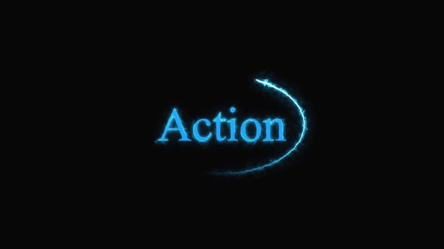 Action text animation glowing futuristic typography motion design. Action text dynamic energy concept for cinematic title visuals. Action text neon style motion background animation.