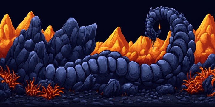 Abstrakte Landschaft mit felsiger Schlange und orangefarbenen Bergen im Dunkeln