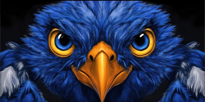 Nahaufnahme eines blauen Vogels mit gelben Augen und orangefarbenem Schnabel, der direkt in die Kamera blickt.