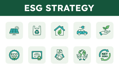 ESG strategy vector icon set. Environmental, social, and governance concepts. Sustainability, net zero, and eco-friendly business symbols. Editable stroke line art illustration.