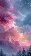 Obraz premium Ethereal Winter Wonderland Illustration: Magical falling snow over a pine forest under a vibrant pastel pink, purple, and blue celestial cloudscape. Dreamy fantasy background.