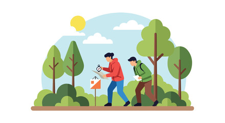 Fototapeta premium Two people navigate a forest with a map and compass during a sunny day