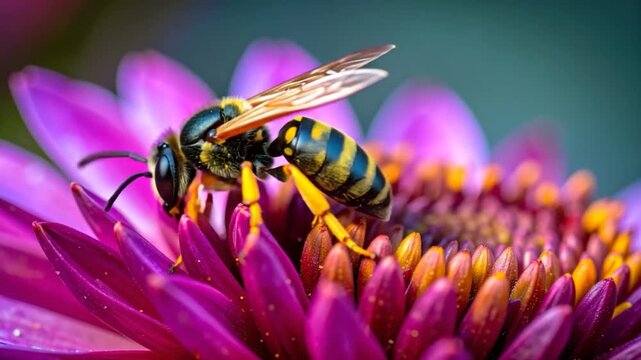 A bee with black and yellow stripes rests on a vibrant purple flower, capturing a close-up detail