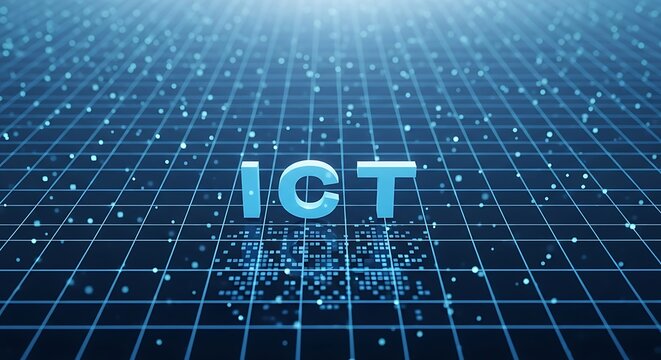 A futuristic digital grid background with the letters ict in blue, representing information and communication technology concepts