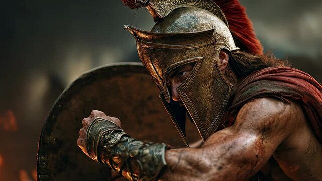 Close intense portrait of armored warrior gripping shield during battle showing sweat dust and determination capturing raw emotion resilience and physical strain of ancient combat