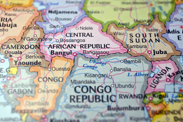 Obraz premium Bangassou Central African Republic on World Map with Blurred Background – Geography Location Concept