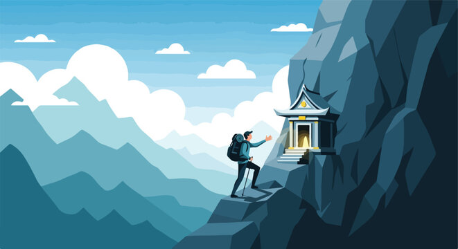 Hiker ascends steep mountain path towards a glowing, ornate sanctuary