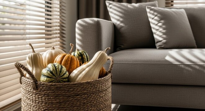 Woven Seagrass Basket Overflowing With Plump Autumnal Gourds And Pumpkins Placed By A Sofa