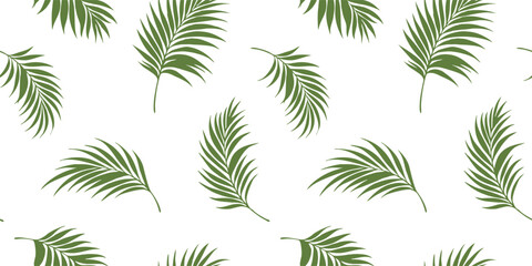 Naklejka premium Seamless tropical pattern with green palm leaves on transparent background. Minimal botanical design in natural tones, perfect for textiles, wallpapers, packaging, and summer branding