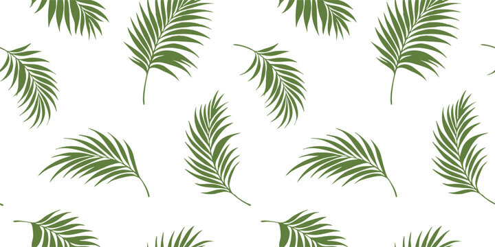 Seamless tropical pattern with green palm leaves on transparent background. Minimal botanical design in natural tones, perfect for textiles, wallpapers, packaging, and summer branding