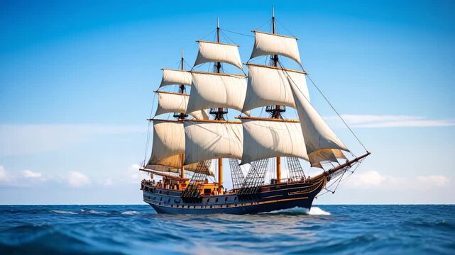 A classic sailing ship glides across a blue ocean under a clear sky. Its sails are full, propelling it forward
