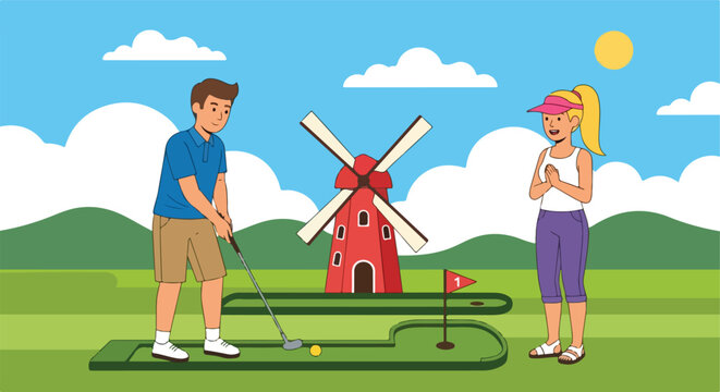 A man plays golf on a course with a windmill and a woman watches