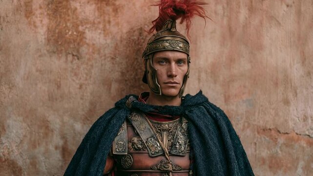 Portrait of young Roman soldier in armor standing against textured wall capturing calm expression identity and historical character in cinematic dramatic lighting