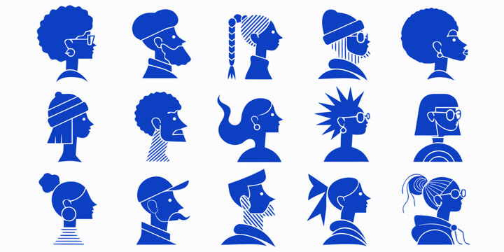 . The collection is organized in a three-by-five grid, with each profile depicted in monochromatic blue tones against a square backdrop. The avatars represent a variety of genders, hairstyles, and acc