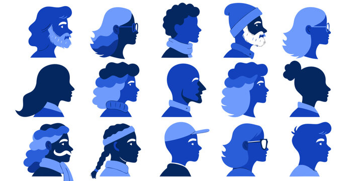 . The collection is organized in a three-by-five grid, with each profile depicted in monochromatic blue tones against a square backdrop. The avatars represent a variety of genders, hairstyles, and acc