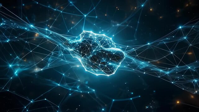 Futuristic Plexus Handshake Representing Global Business Agreement and Technology.