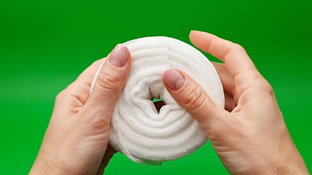 Female hands compressing roll of white bandage gauze on green screen, healthcare concept, wound