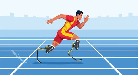 Obraz premium Athlete with prosthetic legs running on a track, determined