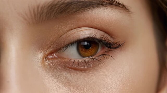 女性がダークブラウンの虹彩を上品に見せ、繊細な化粧で質感を際立てる