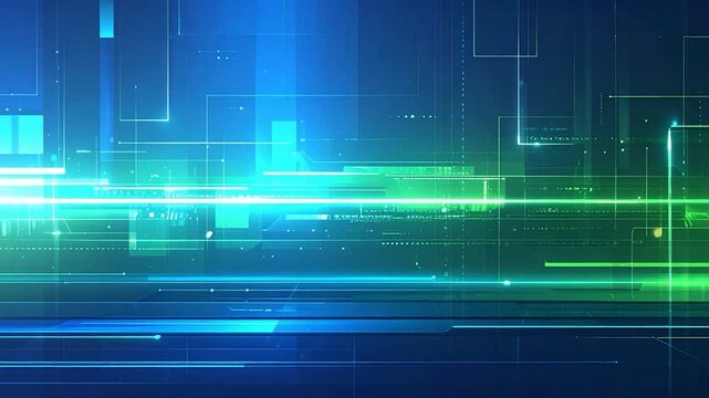 A digital art composition with bright blues, greens, and white linear elements, suggesting a network