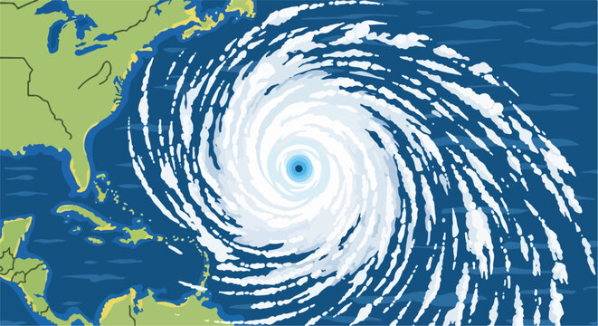 A large hurricane churns over the Atlantic Ocean near the East Coast of North America