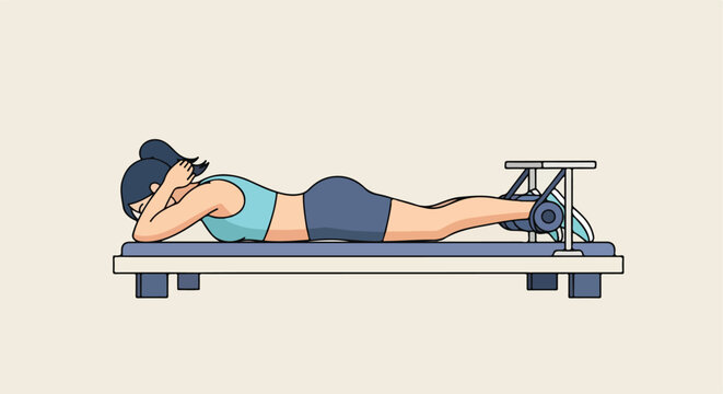 Woman lying on a workout bench, performing leg curls with a machine