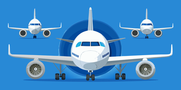 "A professional, high-resolution 3D render collection of a stylized white passenger airplane, presented from three different perspectives: front view, side profile, and top-down view, all isolated on 