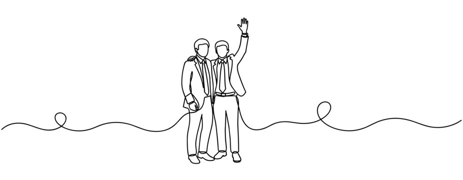 Two businessmen embracing with wave in minimal setting. no editable strokes