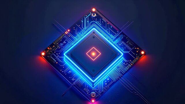 A glowing, abstract representation of a circuit board and processor, with neon blue and fiery red lights