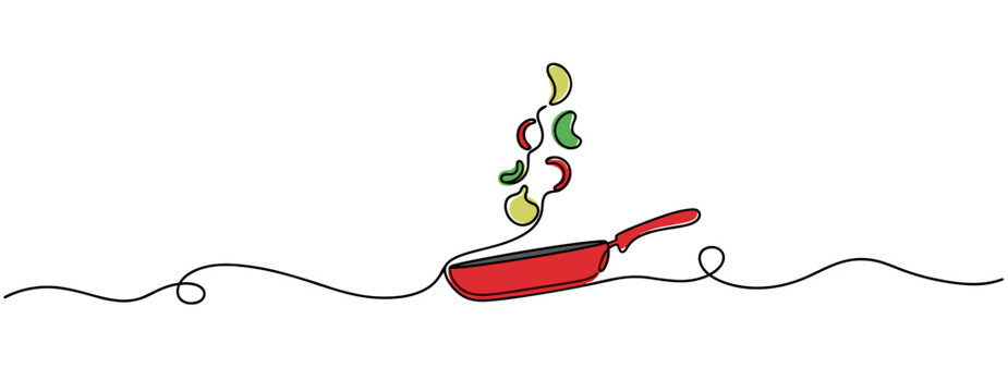 Frying pan tossing vegetables in midair over simple line. no editable strokes