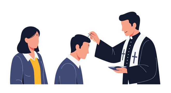 Religious ceremony illustration of a cleric applying ash to a person's forehead