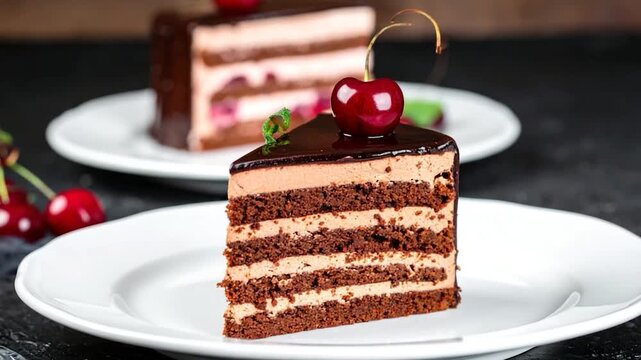 A layered chocolate cake slice topped with a cherry on a white plate, with another slice in the background