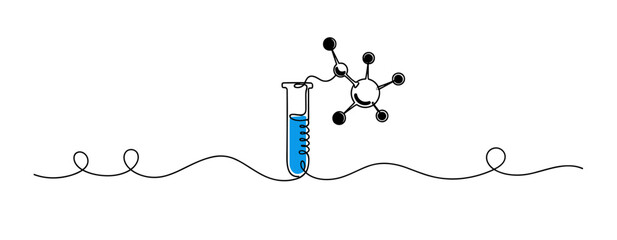 Fototapeta premium Test tube and molecule displaying blue solution on white line background. no editable strokes
