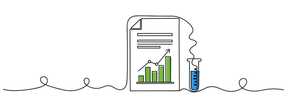 Financial report and test tube shown on continuous line concept. no editable strokes