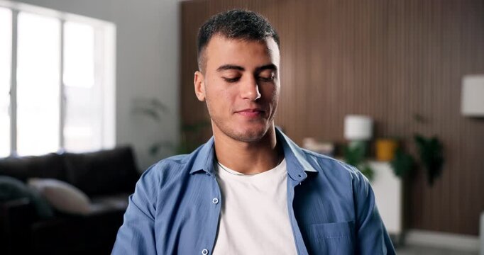 Man, video call and face with documents for remote work from home, smile and review for online meeting. Person, virtual assistant and talk on web with paperwork, admin or report for project in Mexico