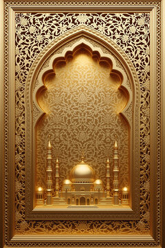 An ornate Islamic architectural frame in a grand mihrab arch shape, rendered in luxurious monochrome gold tones. The design features highly intricate arabesque patterns, geometric latticework.