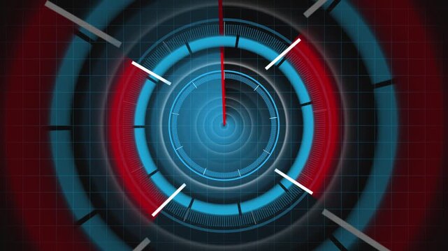 Digital interface animation with concentric circles and laser beams. Digital interface futuristic concept for targeting visuals. Digital interface motion background loop.