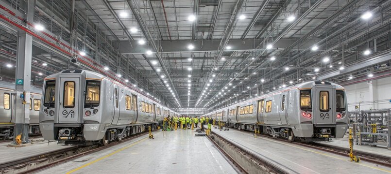 Modern subway train cars lined up inside a spacious maintenance facility with bright overhead lighting and workers in safety gear present