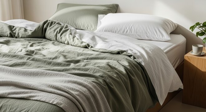 Unmade Sage Green Linen Duvet and White Sheets with Pillows on a Bed