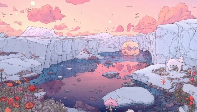 Ilustra&ccedil;&atilde;o de fantasia de um vale &aacute;rtico com &aacute;guas cristalinas, icebergs, flores silvestres e um urso polar em um estilo art&iacute;stico &uacute;nico.