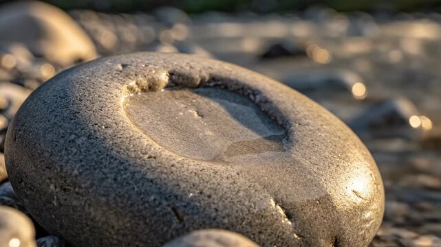Close up macro shot of a wet grey river stone with a natural concave depression filled with water with blurred bokeh background of pebbles and flowing water during golden hour soft sunlight