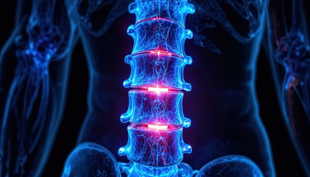 3D medical illustration of glowing human spine with sciatic nerve pain highlighted in blue and pink