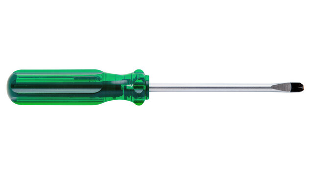 Professional flathead screwdriver with a vibrant green transparent handle, essential hardware tool for repair and construction, isolated PNG