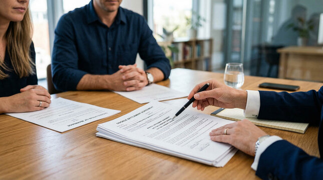 Lawyer explaining divorce settlement agreement to a couple at office table.