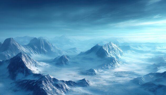 Vista panor&acirc;mica de picos gelados e cordilheiras nevadas sob um c&eacute;u dram&aacute;tico em tons de azul, representando a beleza selvagem do &aacute;rtico isolado.